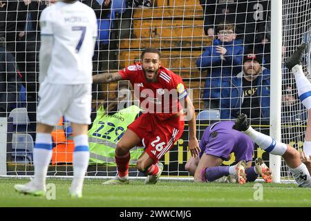 Birkenhead, Regno Unito. 23 marzo 2024. Jay Williams di Crawley Town festeggia dopo aver segnato il secondo gol della sua squadra. EFL Skybet Football League Two Match, Tranmere Rovers contro Crawley Town a Prenton Park, Birkenhead, Wirral sabato 23 marzo 2024. Questa immagine può essere utilizzata solo per scopi editoriali. Solo per uso editoriale, .pic di Chris Stading/ credito: Andrew Orchard fotografia sportiva/Alamy Live News Foto Stock