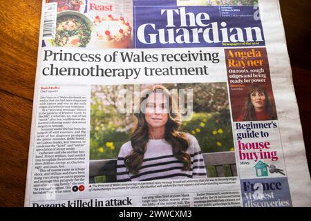 Kate Middleton "la principessa del Galles riceve un trattamento chemioterapico" testata del quotidiano Guardian in prima pagina 23 marzo 2024 Londra Regno Unito Foto Stock