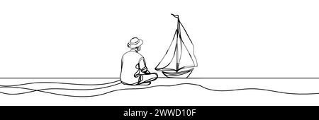 Una linea continua che disegna un uomo che guarda la nave. Illustrazione Vettoriale
