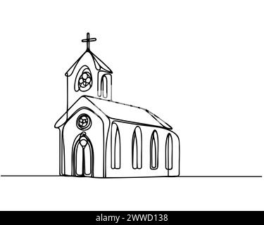 Chiesa in stile disegno a linee continue. Schizzo lineare nero minimalista isolato su sfondo bianco. Illustrazione vettoriale. Illustrazione Vettoriale