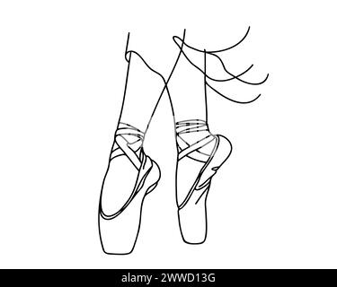 I piedi della ballerina in scarpe pointe. Giornata mondiale del balletto. Disegno di una linea per usi diversi. Illustrazione vettoriale Illustrazione Vettoriale