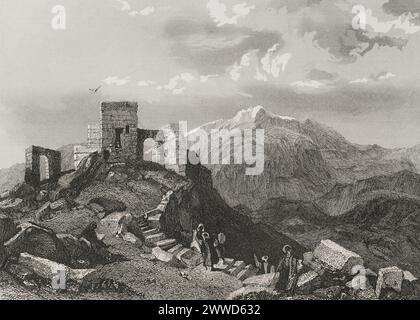 Cima del Monte Sinai. Rovine di un tempio. Incisione di Emile Rouargue. "La Tierra Santa y los lugares recorridos por los profetas, por los apóstoles y por los cruzados" (la Terra Santa e i siti attraversati dai profeti, dagli apostoli e dai crociati). Pubblicato a Barcellona dalla tipografia di Joaquin Verdaguer, 1840. Foto Stock