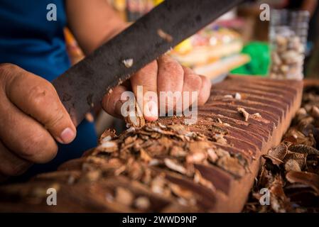 Man che elabora manualmente dadi brasiliani da Para con Machete nel mercato Ver o peso di Belem City Foto Stock