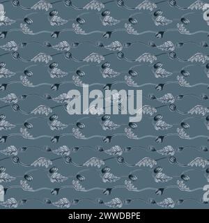 Motivi monocromatici ad acquerello senza cuciture con fiori di papavero, steli, gemme e foglie in bianco e nero per un design floreale elegante per tessuti e confezioni Foto Stock
