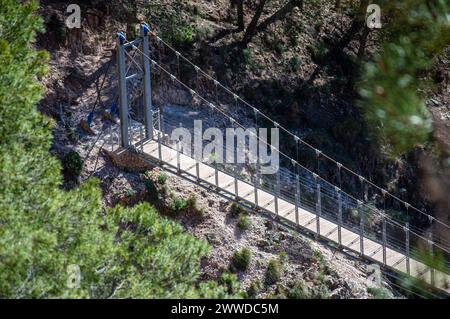 Sentiero escursionistico fino al ponte di Colgante (Puente Colgante El Saltillo) sul fiume Almanchares, Sierra Tejeda, Andalusia, Spagna Foto Stock