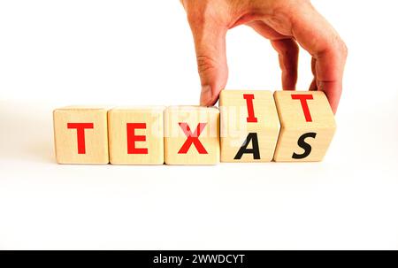 Simbolo Texas o Texit. Parola concettuale Texas o Texit su splendidi cubi di legno. Splendido sfondo bianco per tavolo. Mano d'affari. Affari in Texas Foto Stock