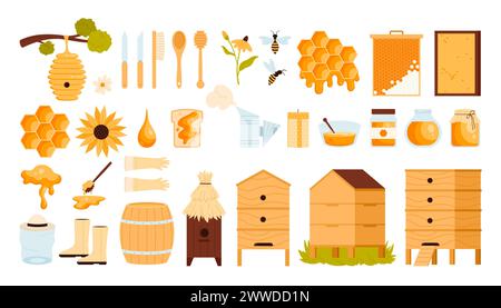 Prodotti a base di miele e set di apiari. Collezione di apicoltura con barattoli di miele e favo, casa di legno e alveare sull'albero per api, bastoncino da immersione e bottiglia di vetro, strumenti per apicoltori illustrazione vettoriale dei cartoni animati Illustrazione Vettoriale