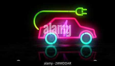 Simbolo al neon di carica dell'auto elettrica. Lampadine a colori con icona di trasporto ECO. Illustrazione 3d del concetto astratto. Foto Stock