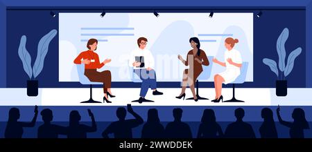 Incontro pubblico degli oratori, forum scientifico sul palco dell'auditorium davanti al pubblico. Gruppo di scienziati seduti su sedie sotto i riflettori, persone che parlano di simposio evento cartoon illustrazione vettoriale Illustrazione Vettoriale