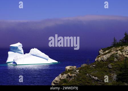 Iceberg vicino a una costa rocciosa in una giornata limpida all'inizio dell'estate a nord-est di Terranova Foto Stock