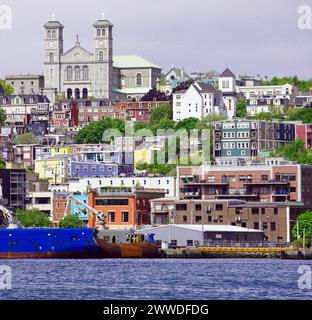 Vista panoramica del porto di St John con una nave al molo e il centro città sullo sfondo Foto Stock