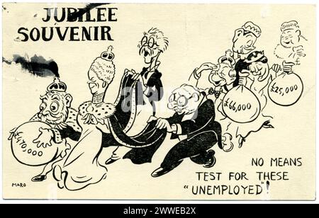 (Anti) souvenir del Giubileo Descrizione: "No significa test per questi "disoccupati"!" Di Maro. Il 1935 fu il Giubileo d'argento di re Giorgio V. ci furono celebrazioni e feste di strada in tutta la Gran Bretagna. Tuttavia con il paese in una depressione finanziaria non tutti approvarono la spesa pubblica associata alla famiglia reale. Data: 1935 re, giubileo, satira, cartone animato, regina, depressione, repubblicana, disoccupati, monarchia, famiglia reale, georgev, georgevi, edwardviii Foto Stock