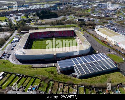 Llanelli, Regno Unito. 23 marzo 2024. Veduta aerea dello Stadio Parc y Scarlets a Swansea il 23 marzo 2024. Questa immagine può essere utilizzata solo per scopi editoriali. Solo per uso editoriale. Crediti: Ashley Crowden/Alamy Live News Foto Stock