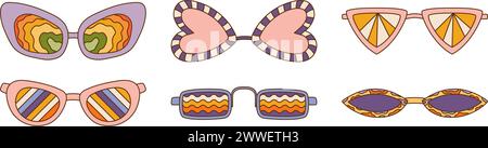Collezione di occhiali da sole retro Groovy con motivi diversi. Vibe Set anni '1970 Illustrazione Vettoriale