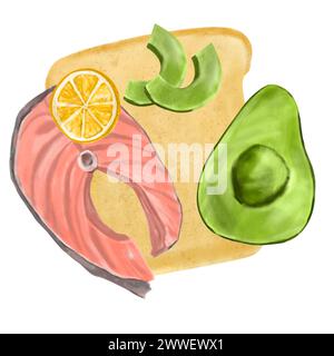 Composizione di ortaggi acquerelli. Pomodoro, avocado, salmone, limone, toast, disegnato a mano. Illustrazione per il design, l'imballaggio, il design della cucina, le schede, me Foto Stock