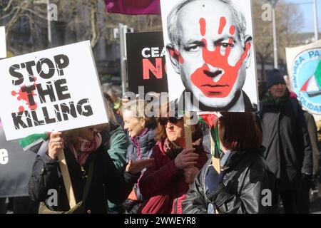 Dublino, Irlanda. 23 marzo 2024. I manifestanti tengono dei cartelli durante la dimostrazione. Migliaia di manifestanti hanno marciato attraverso la città cantando e chiedendo la fine della guerra e a sostegno dei palestinesi. Credito: SOPA Images Limited/Alamy Live News Foto Stock