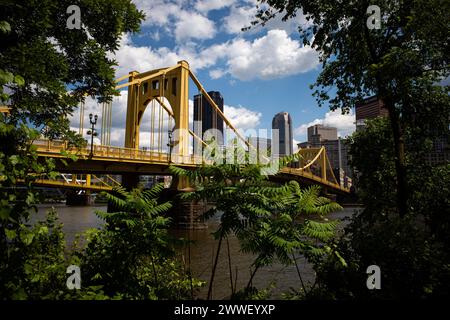 In una giornata di sole, il vibrante Andy Warhol Bridge si estende attraverso il fiume Allegheny, incorniciato da lussureggianti foglie verdi, con il centro di Pittsburgh che fornisce un Foto Stock