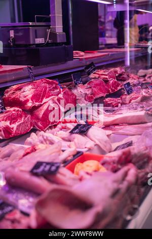 Ritratto verticale un assortimento di tagli di carne, tra cui carne di manzo, maiale e agnello, è ordinatamente disposto sul banco espositivo di una macelleria. Da Succul Foto Stock