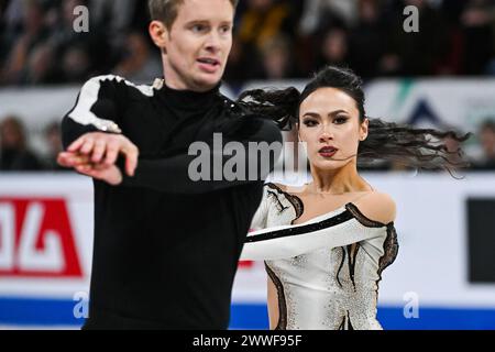 Montreal, Canada. 23 marzo 2024. MONTREAL, CANADA - 23 MARZO 2024: Madison Chock ed Evan Bates (USA) durante i Campionati mondiali di pattinaggio di figura ISU al Bell Centre On di Montreal, Canada. (Foto di David Kirouac/Orange Pictures) credito: Orange Pics BV/Alamy Live News Foto Stock