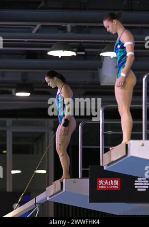 Berlino, Germania - 23 marzo 2024: Kseniia BAILO e Sofiia LYSKUN dell'Ucraina si preparano a immergersi durante la 10m Platform Final femminile sincronizzata della World Aquatics Diving World Cup 2024 a Berlino Foto Stock