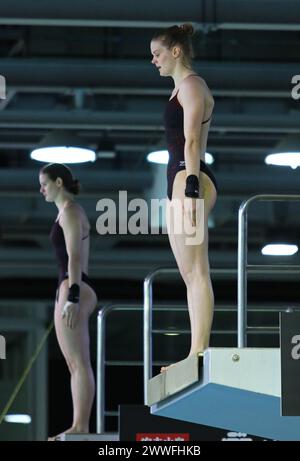 Berlino, Germania - 23 marzo 2024: Christina WASSEN e Elena WASSEN della Germania si preparano a tuffarsi durante la finale femminile della piattaforma 10m sincronizzata della World Aquatics Diving World Cup 2024 a Berlino Foto Stock