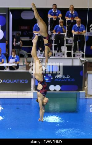 Berlino, Germania - 23 marzo 2024: Jessica PARRATTO e Delaney SCHNELL degli Stati Uniti si esibiscono durante la Women's Synchronized 10m Platform Final della World Aquatics Diving World Cup 2024 a Berlino, Germania Foto Stock