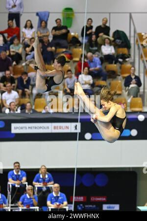 Berlino, Germania - 23 marzo 2024: Kate MILLER e Caeli McKay del Canada si esibiscono durante la Women's Synchronized 10m Platform Final della World Aquatics Diving World Cup 2024 a Berlino, Germania Foto Stock