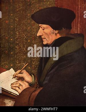 "Erasmus di Rotterdam" di Hans Holbein (1523 circa): Situato nel Museo del Louvre di Parigi, questo ritratto cattura il famoso studioso Erasmus, sottolineando lo spirito intellettuale del Rinascimento. La rappresentazione precisa di Holbein e la sua attenzione all'espressione premurosa di Erasmus dimostrano la maestria dell'artista nel ritrarre figure significative del suo tempo. Foto Stock