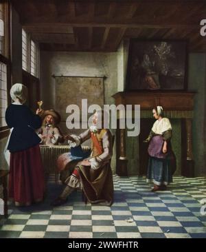 "Interior of a Dutch House" di Pieter de Hooch (1658 circa): Esposto nella National Gallery di Londra, questo dipinto cattura la tranquilla vita quotidiana all'interno di una casa olandese. De Hooch è elogiato per il suo uso della luce per creare spazi caldi e invitanti e per la sua attenzione ai dettagli degli interni domestici. Questo lavoro mostra la sua abilità di rappresentare momenti pacifici e la bellezza dell'ordinario, rappresentando l'attenzione del secolo d'oro olandese sulla vita familiare e domestica. Foto Stock