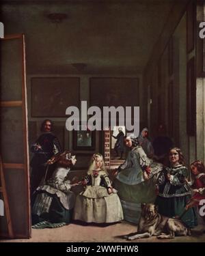 Las Meninas di Diego Velázquez (1656): Ospitato nel Museo del Prado di Madrid, questo dipinto è una delle opere più rinomate di Velázquez, raffigurante la giovane infanta Margarita Teresa circondata dalle sue cameriere d'onore, una guardia, un nano e un cane, con Velázquez stesso che dipinge su una tela. Conosciuta per la sua composizione complessa ed enigmatica, "Las Meninas" gioca con prospettive e riflessioni, invitando gli spettatori a un coinvolgimento profondo e interattivo con la scena. Foto Stock