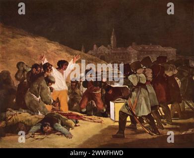 "Il terzo maggio 1808" di Francisco José de Goya (1814 circa): Esposto nel Museo del Prado di Madrid, questo dipinto raffigura con forza l'esecuzione degli insorti spagnoli da parte delle truppe di Napoleone durante la guerra d'indipendenza spagnola. "Il terzo maggio 1808" è un pezzo critico nell'opera di Goya, che riflette il suo profondo impegno con le questioni politiche e sociali. Foto Stock