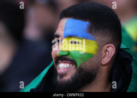 Londra, Regno Unito. 24 marzo 2024. Uno spettatore è visto durante l'amichevole internazionale di calcio tra Inghilterra e Brasile a Londra, Regno Unito, 23 marzo 2024. Crediti: Xinhua/Alamy Live News Foto Stock