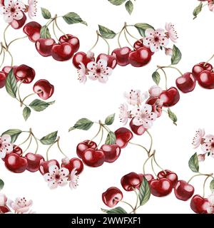Frutti di ciliegio con fiori e foglie, motivo floreale senza cuciture acquerello su sfondo bianco con fiori primaverili per il tessuto da tavola, la tavola in porcellana Foto Stock