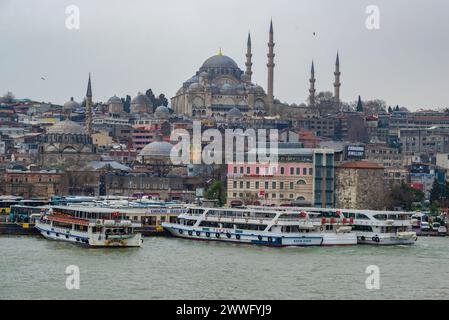 ISTANBUL, TURCHIA - 01 GENNAIO 2015: Antica Moschea Suleyman (Suleymaniye) nel paesaggio della città in un nuvoloso giorno di gennaio Foto Stock