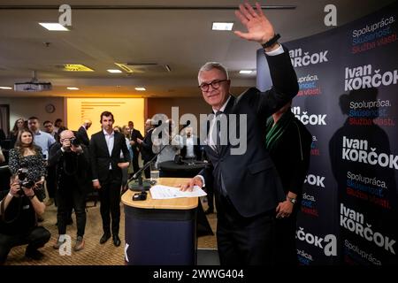 Bratislava, Slovacchia. 24 marzo 2024. Il candidato alla presidenza Ivan Korcok dopo il primo turno delle elezioni presidenziali a Bratislava, Slovacchia, 24 marzo 2024. Crediti: Ondrej Deml/CTK Photo/Alamy Live News Foto Stock