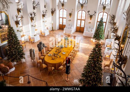 Schloss Moritzburg , innen, Speisesaal, Festsaal, Bankettsaal, Weihnachten, Dresda, Sachsen, Deutschland mcpins *** Castello Moritzburg , interno, dinin Foto Stock