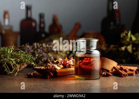 Tintura essenziale di erbe in una piccola bottiglia di vetro. Su un tavolo essiccavano erbe, fiori, spezie e vecchi utensili da cucina. Farmaco alternativo o complementare Foto Stock