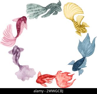 Corona rotonda di pesci acquerelli.illustrazione a mano.stile semplice e stilizzato. Animali marini dai colori solidi. Mondo sottomarino di fauna marina. Oceano e mare Illustrazione Vettoriale