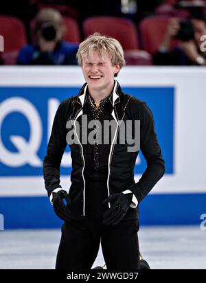 Montreal, Canada. 23 marzo 2024. Ilia Malinin degli Stati Uniti reagisce durante il libero pattinaggio maschile dei Campionati mondiali di pattinaggio di figura dell'International Skating Union (ISU) a Montreal, Canada, 23 marzo 2024. Crediti: Andrew Soong/Xinhua/Alamy Live News Foto Stock