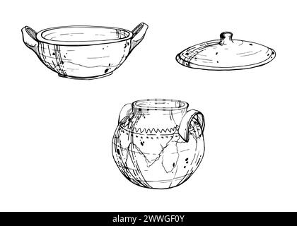 Illustrazione del vettore d'inchiostro disegnato a mano, vaso in ceramica tradizionale di argilla fatta a mano. Set di oggetti isolati su sfondo bianco. Design da viaggio Illustrazione Vettoriale