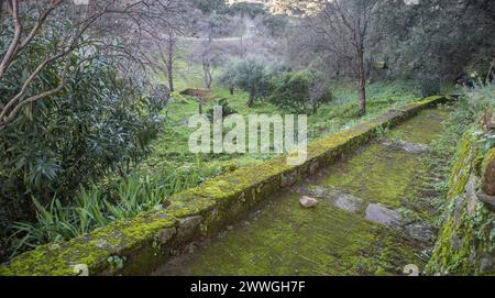 P. de Acim, Spagna - 21 gennaio 2024: Giardini esterni del Convento di El Palancar, Pedroso de Acim, Caceres, Spagna Foto Stock