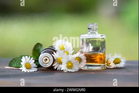 bottiglie di olio essenziale e margherite con foglie di menta fresche su un tavolo di legno all'aperto Foto Stock