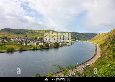 Ellenz-Poltersdorf: fiume Mosella (Mosella), villaggio Ellenz, vigneto a Mosella, Renania-Palatinato, Germania Foto Stock