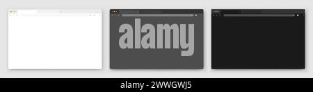 Una serie di realistiche finestre vuote del browser in bianco, grigio e nero con una barra degli strumenti, una barra di ricerca e un'ombra su uno sfondo chiaro. Illustrazione Vettoriale