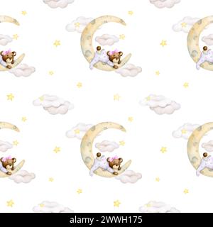 Motivo baby senza cuciture su sfondo bianco. Orsacchiotto che dorme su una nuvola. Ragazza. Sfondo acquerello. Festa per bambini, baby shower, compleanno. Desig Foto Stock