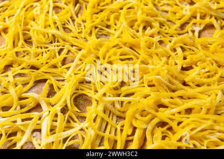 pasta fatta in casa. sfondo con spaghetti fatti in casa. vista dall'alto Foto Stock