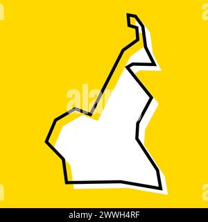 Mappa semplificata del paese del Camerun. Silhouette bianca con contorno nero spesso su sfondo giallo. Semplice icona vettoriale Illustrazione Vettoriale