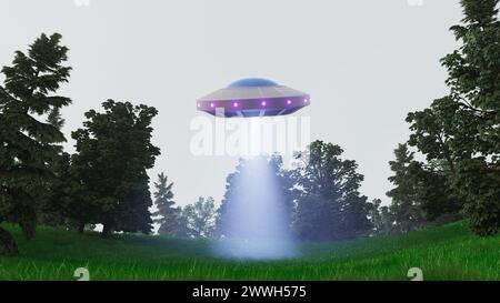 Un UFO sta volando sopra una foresta, lasciando un sentiero blu nel cielo Foto Stock