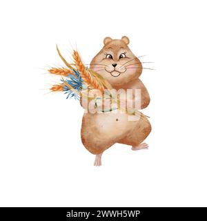 Criceto acquerello. Allegro criceto grasso con un bouquet di orecchie di grano e fiordaliso. Isolato su sfondo bianco. Illustrazione per vivaio Foto Stock