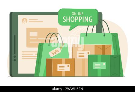 Borse per la spesa e confezioni di materiale promozionale con illustrazione del concetto di tablet per lo shopping online e l'e-Commerce Illustrazione Vettoriale